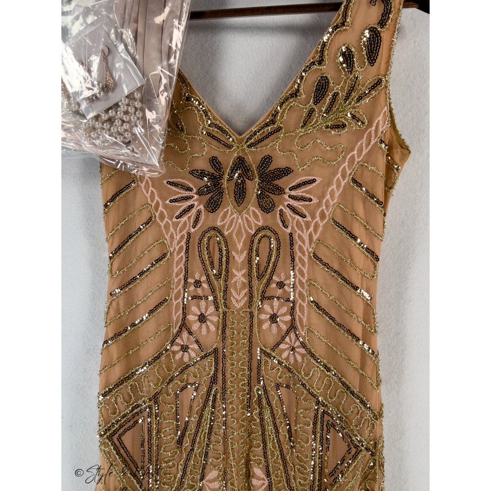 Beaded Fringe Midi Dress in Beige - Picture 4 of 6